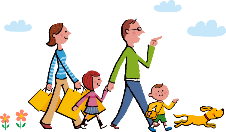 家族が一緒に歩くイラスト